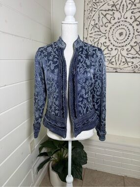 Coldwater Creek Petite S Blue Velvet Floral Jacket Embellished Boho Art to Wear